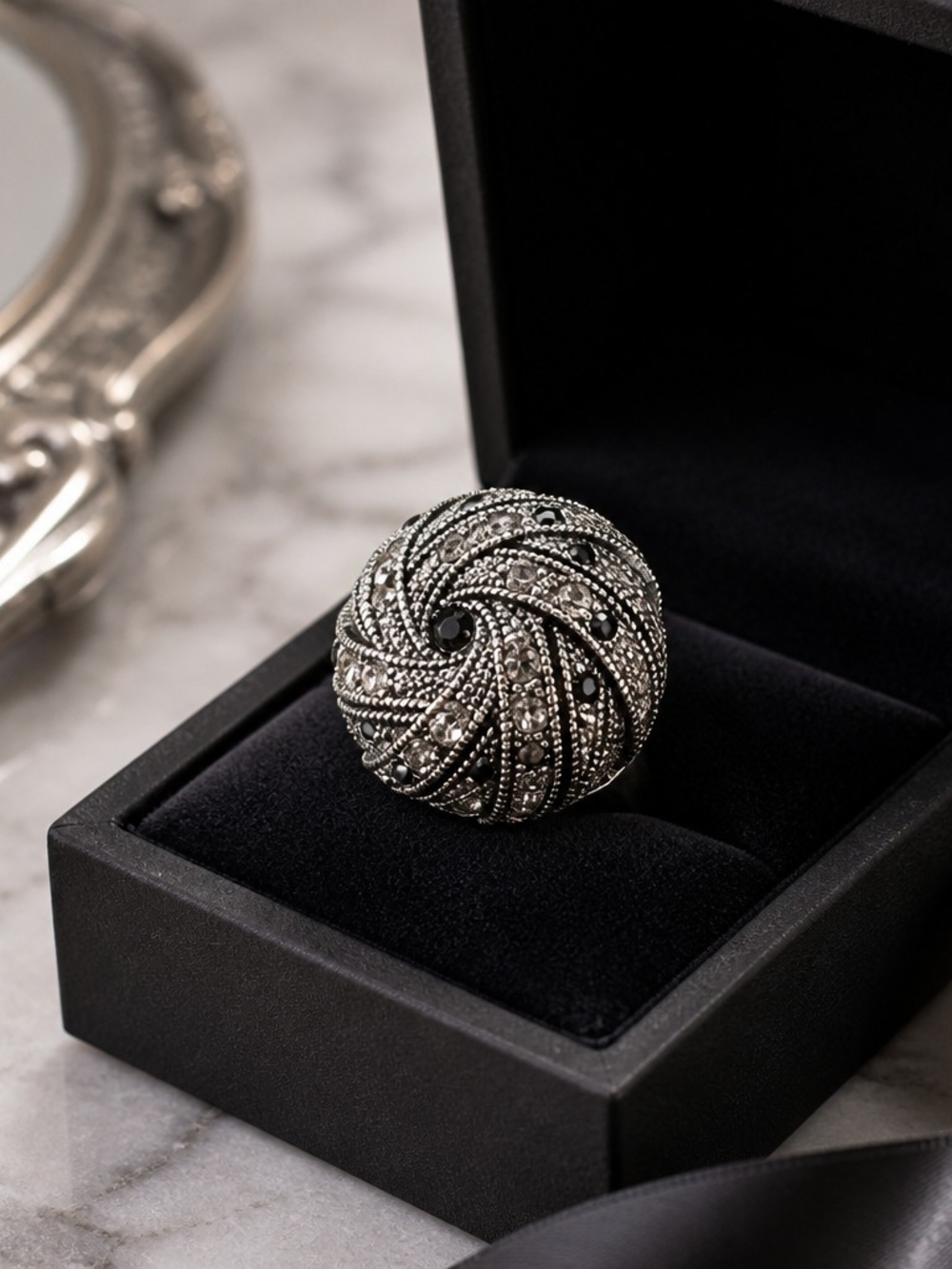 Vintage Silver Tone Dome Statement Ring W/ Marcasite Look Stones